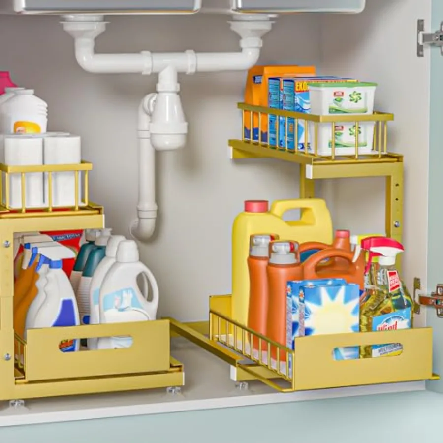 

Under Sink Organizer, 2-Tier Premium Metal Pull-Out Racks with Adjustable Height, Heavy Duty Sliding Bin for Bathroom and Kitch