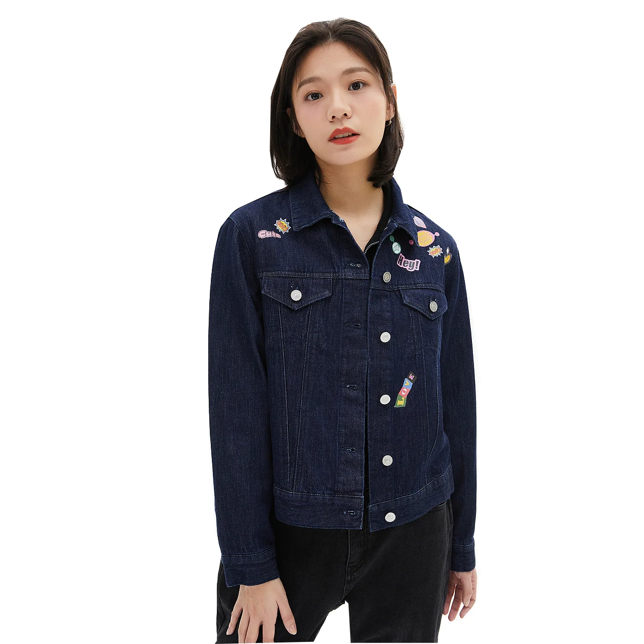 

Metersbonwe-Women's 100%Cotton Denim Fabric Jackets Fun Print Comfortable Fit Fashion Dyed Outerwear Spring