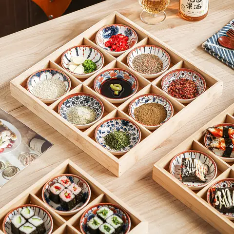 Blue Floral Small Seasoning Plates 6&9PCS Options Ceramic Bowls with Compartment Wood Tray Gift