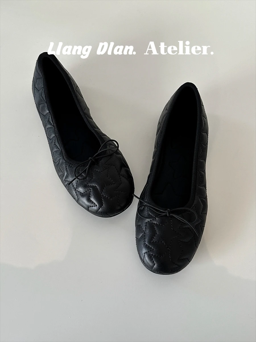 new-arrival-embroidered-knot-ballet-flats-women's-soft-bottom-slip-on-shoes-black-casual-fashion-single-shoes