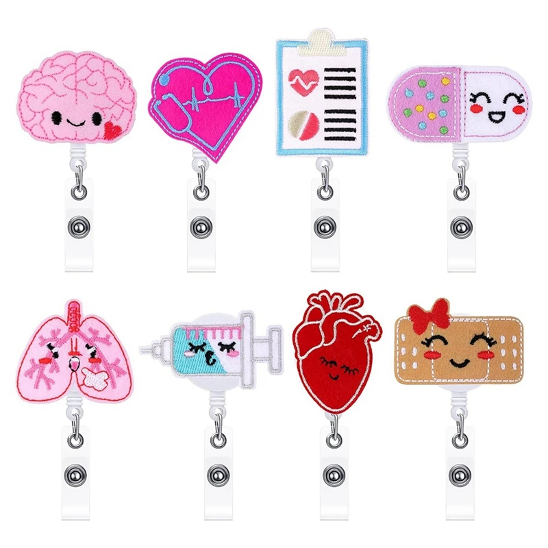 8 Pieces Felt Retractable Badge Reels, Themed Badge Holders Gift For Christmas Thanksgiving School Nurses Students Easy Install