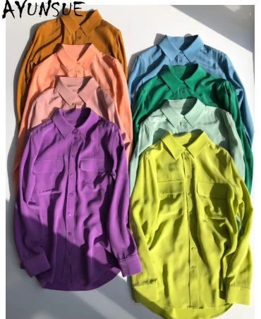 

AYUNSUE 18Mm 100%Real Sandwash Silk Shirts Women Crepe Long Sleeve Double Pockets Blouse Woman New Office Wear Tops T36701QM