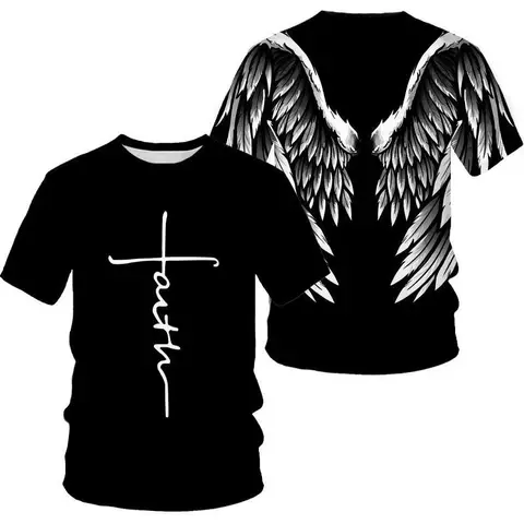 Asas de anjo cruz 3d impresso t camisa masculina moda legal e divertida manga curta t camisa