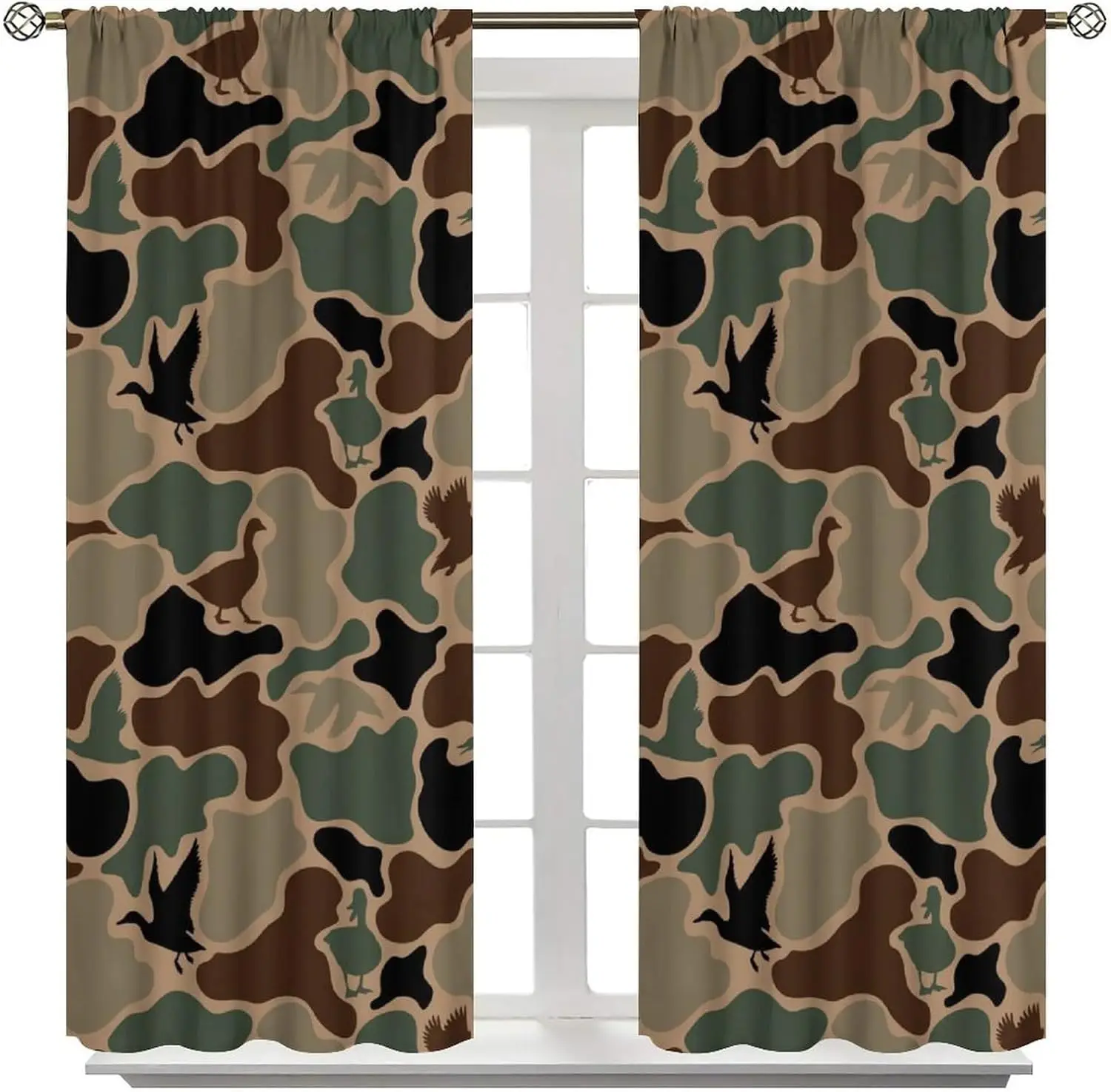 Army Green Camo Curtain, Wild Duck Silhouette Camouflage Pattern Window Treatments, Rod Pocket Thermal Insulated Drapes
