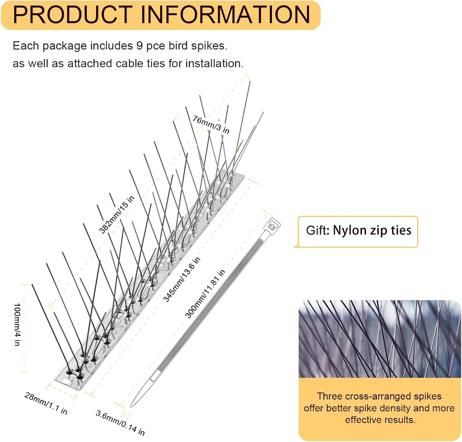 Bird Spikes with Stainless Steel Base, Durable Bird Repellent Arrow Pigeon Fence Kit