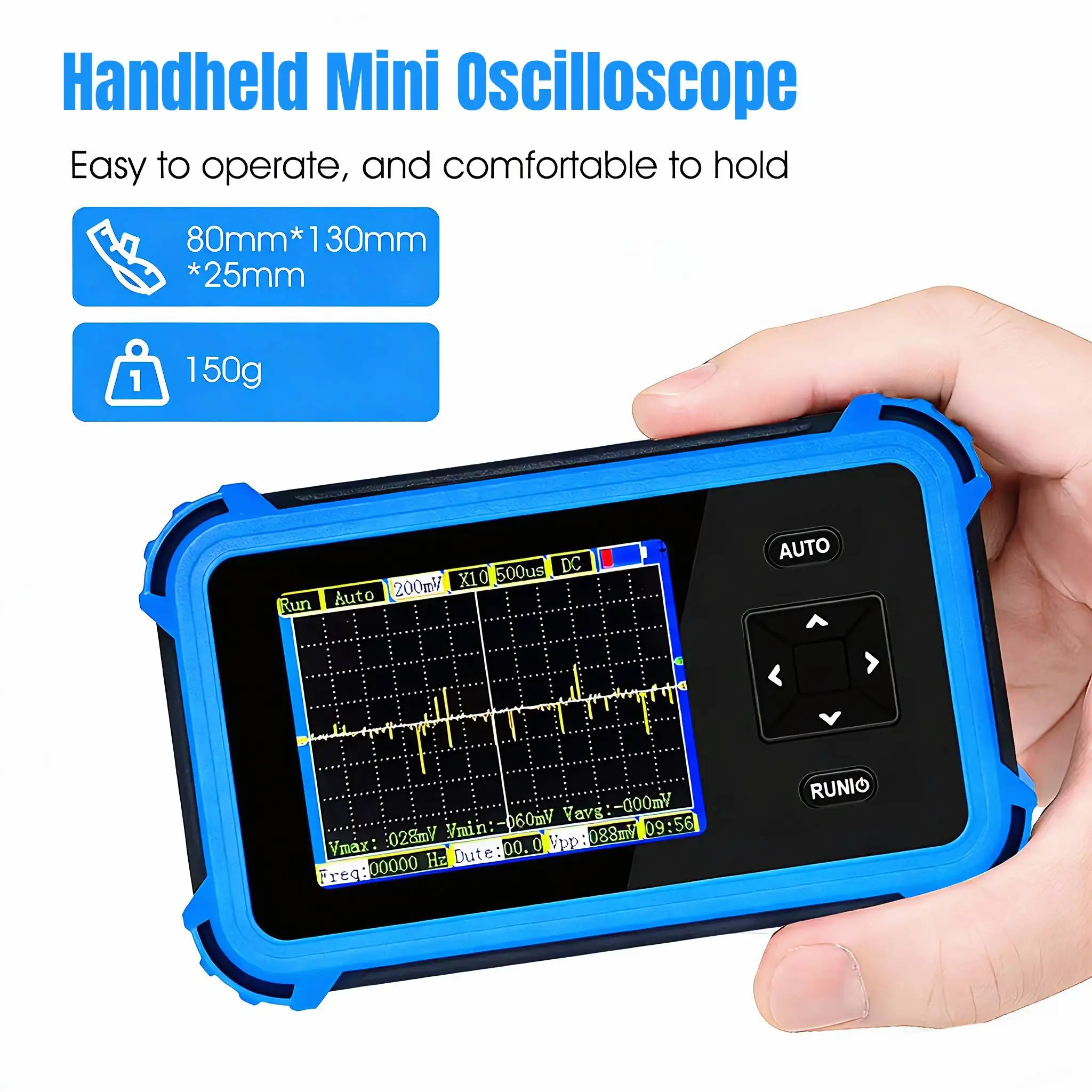 

Handheld Oscilloscope HP-1M,Portable Oscilloscope Mini Sized, Built-in Rechargeable Battery, 1 Channel, 1MHZ Bandwidth,Blue Type