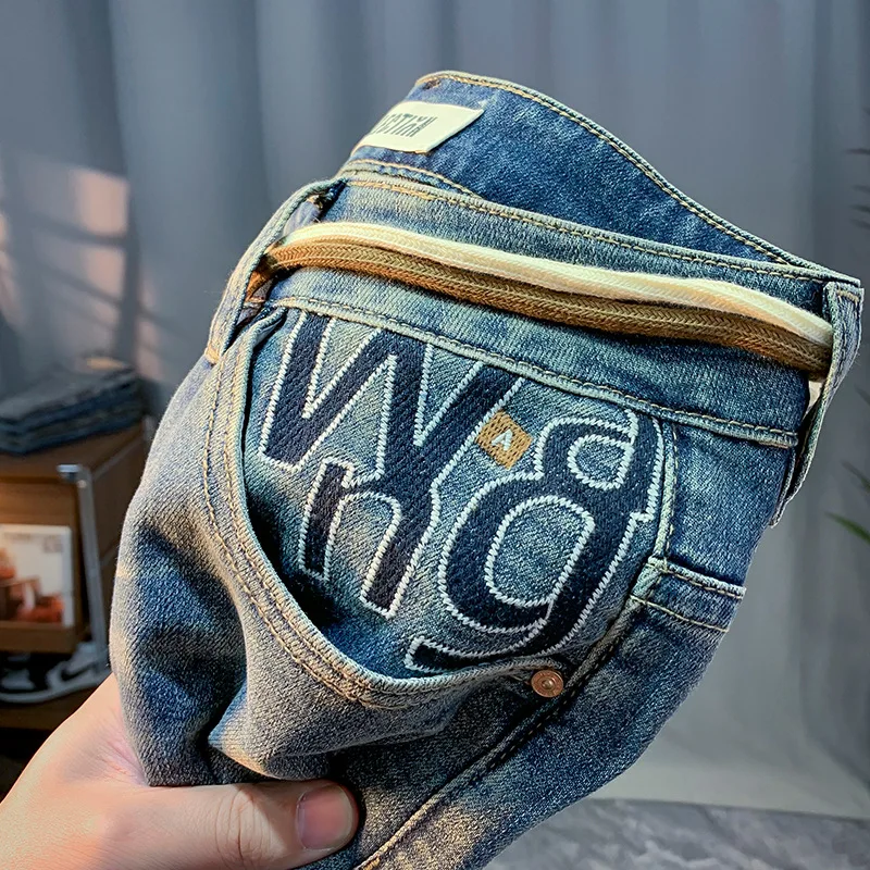 Retro Washed Worn Jeans Men's Thin Fashion Brand Printed Loose Straight Casual Trousers 2024 Summer