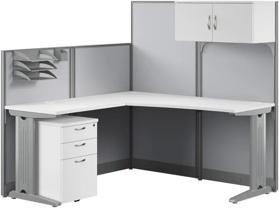 Drawers, and Organizers | Modern Computer Table Set with Privacy Panels for Commercial Workspace, 65W, Pure White