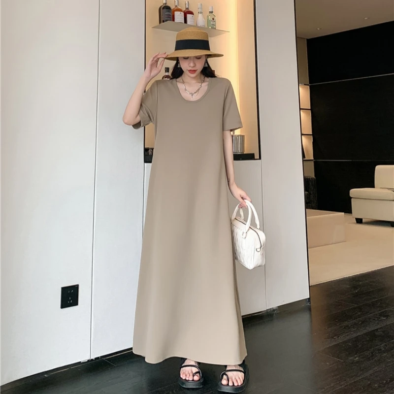 ฤดูร้อน Oversize สีทึบรอบคอแขนสั้นเสื้อยืดผู้หญิงแฟชั่นหลวมสบายๆ A-Line ชุดยาว
