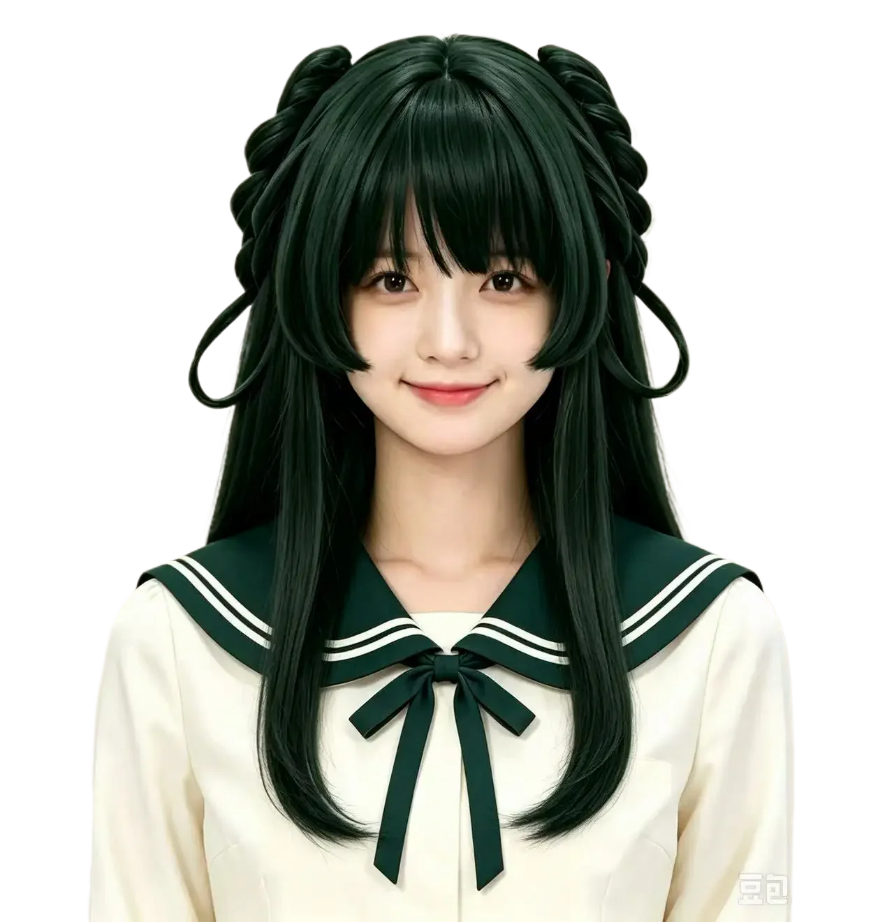 2026 Dark Green Cosplay Wig Long Straight Synthetic Wig With Braided Buns Bangs Halloween Party Costume Hair For Women