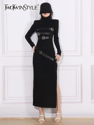 TWOTWINSTYLE Solid Patchwork Belt Split Dress For Women Stand Collar Long Sleeve High Waist Slimming A Line Dresses Female New