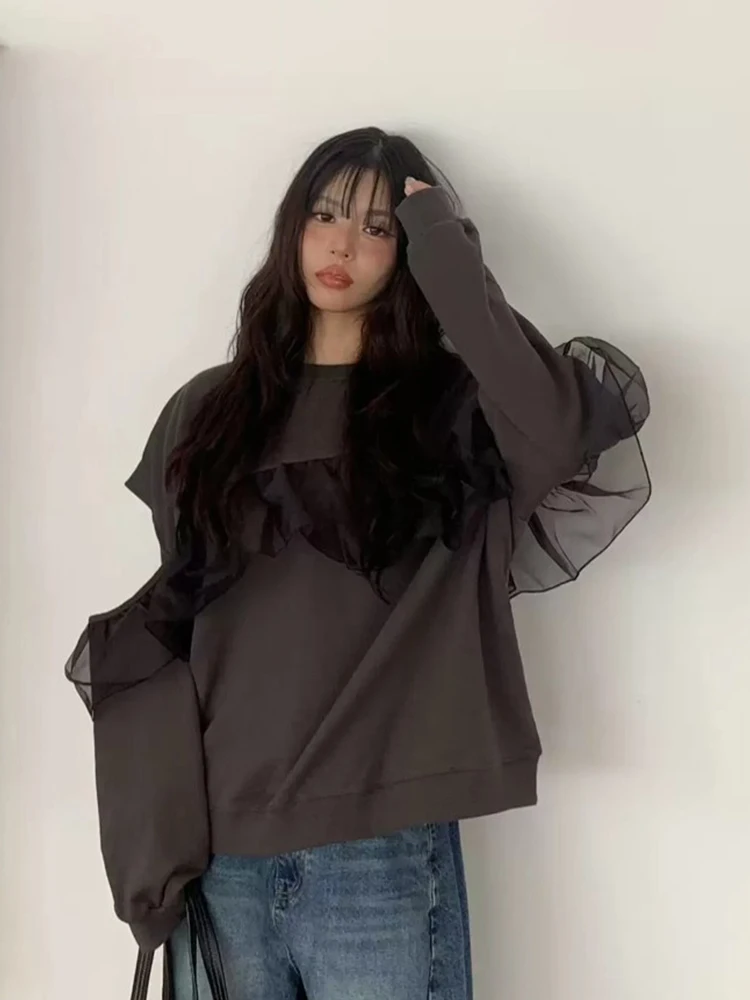 Clothland femmes élégant sweat à volants col rond découpé à manches longues pull femme mode Chic hauts HA613