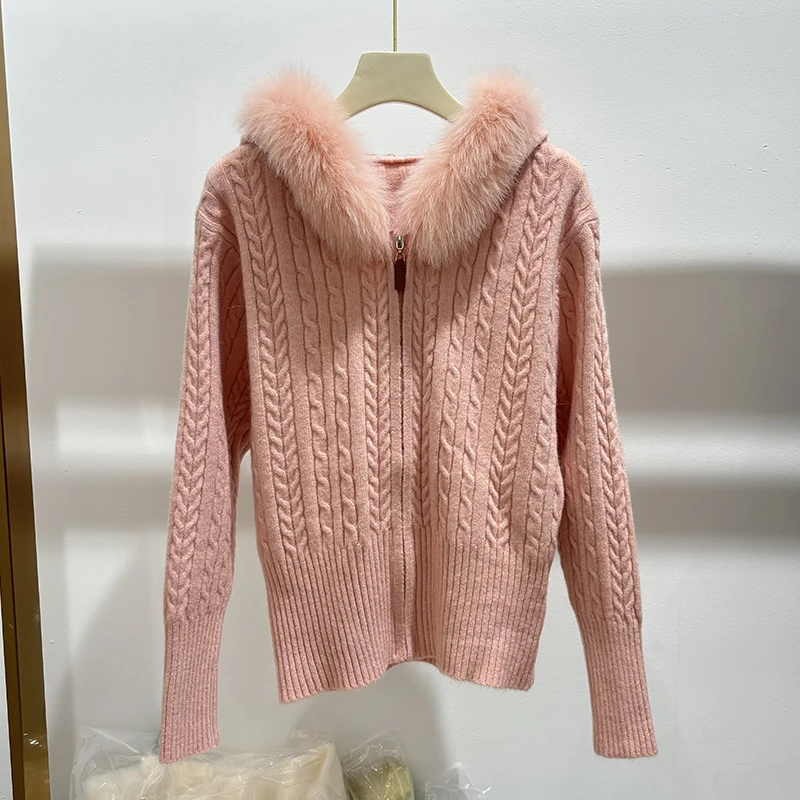 2025 New Arrival Women Autumn Real Fox Fur Collar Hoodie Slim Sweater Girl's Pink Hooded Sweater Jacket Coat