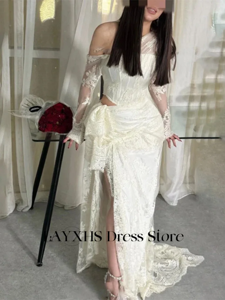 Koronkowe sukienki wieczorowe na jedno ramię z długim rękawem, syreni krój, wycięcie z boku, rozcięcie, falbany, sukienki na studniówkę, szyte na miarę فستان سهرة نسائي