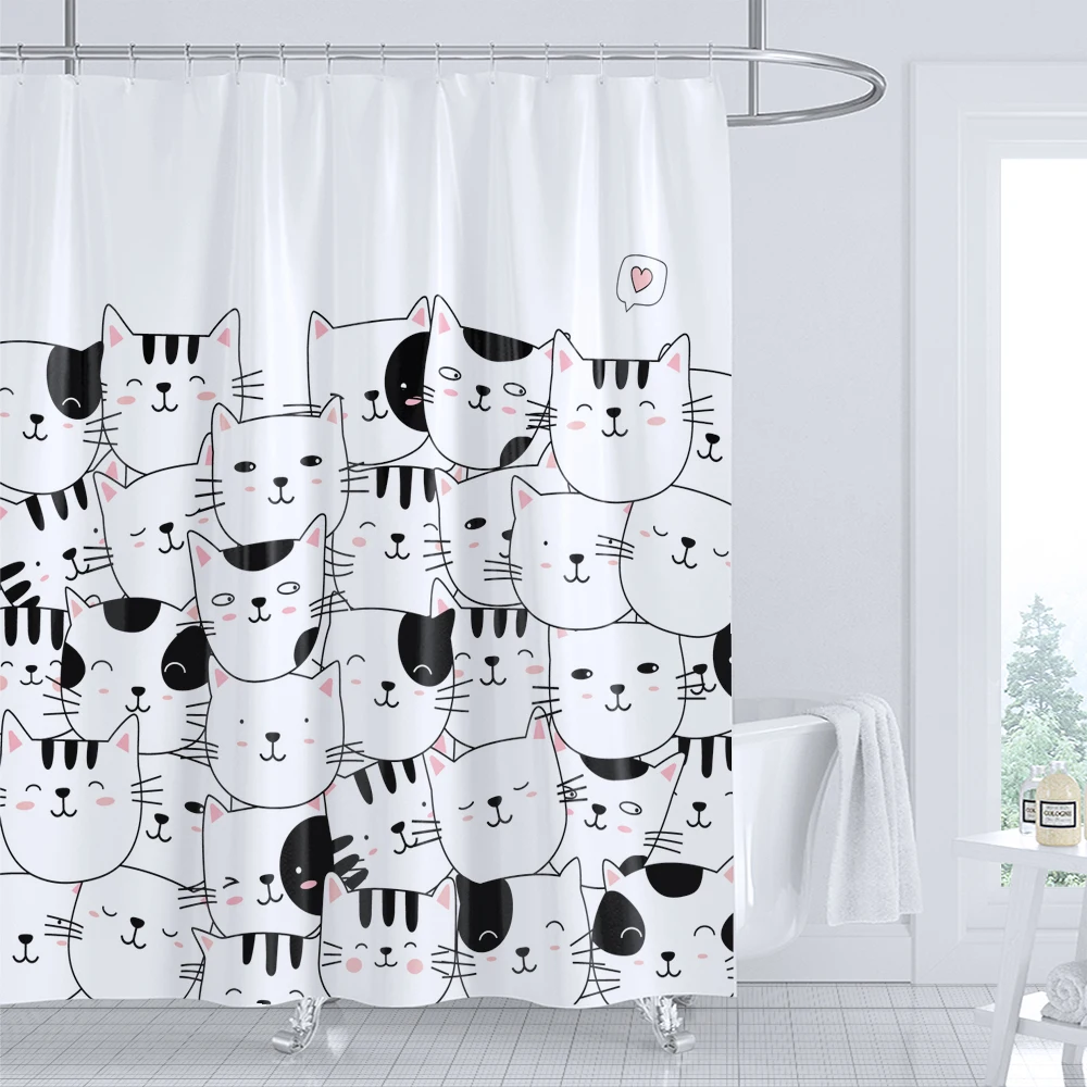 Cute Cartoon Cat Shower Curtain Minimalist Interesting Cat Kids Shower Curtains Polyester Fabric Bathroom Decor with Hooks