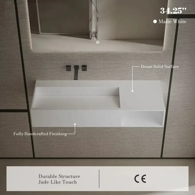 Modern Rectangular Wall Mounted Ceramic Basin Solid Bathroom Sink Vanity Wash Hand Basin For Home Hotel Decoration No Rack