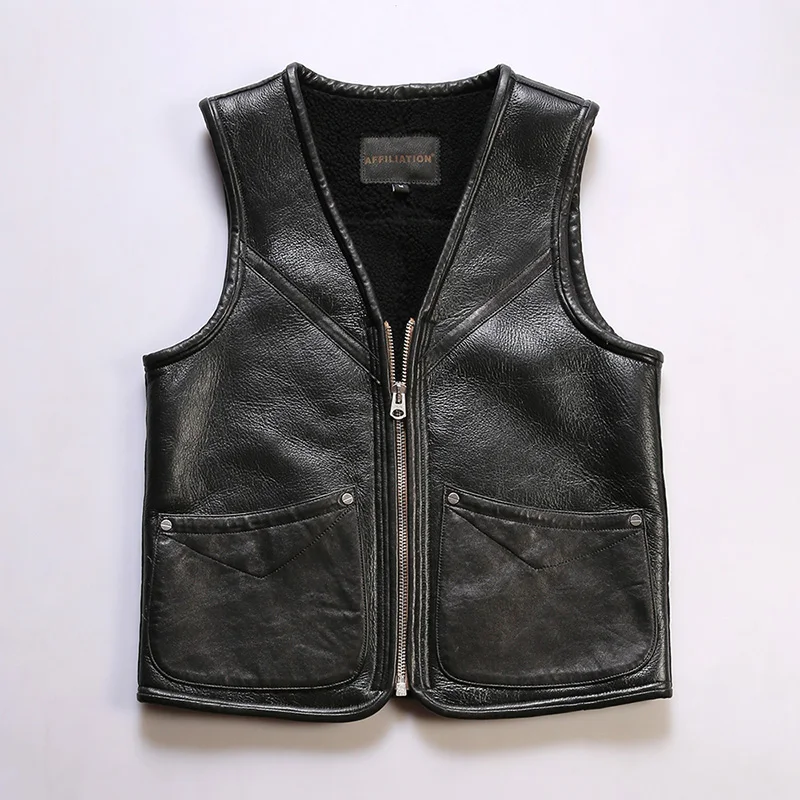 Autumn and winter season men's new Japanese short Slim V-neck sheepskin fur one vest motorcycle models casual leather vests