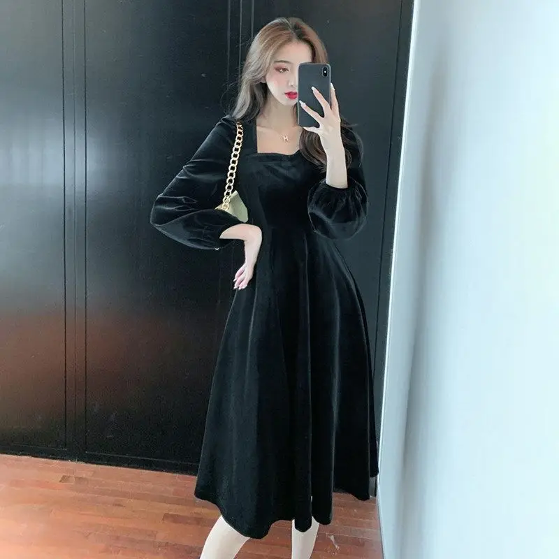 여성용 긴팔 드레스, 스퀘어 칼라, 우아한 프렌치 스타일, 시크한 블랙, 미적 벨벳, 이브닝, 가을, 겨울, 미디