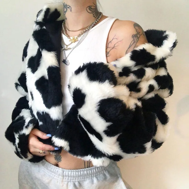 Autumn Winter New Black White Polka Dot Plush Loose High Neck Cardigan Women's Coat