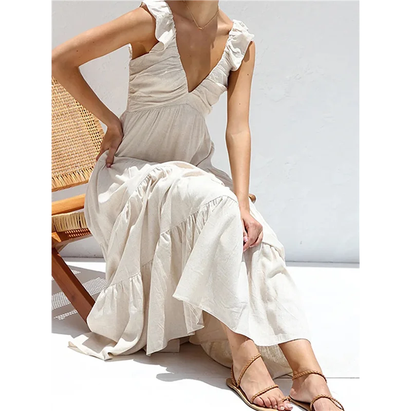 AG-Abito lungo fluido estivo da donna, casual, senza maniche, con scollo a V, smock, prendisole da spiaggia