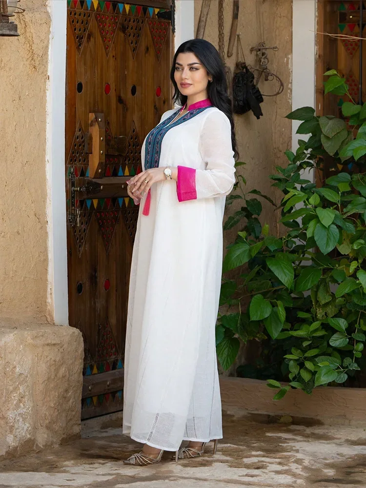 2025 femmes blanc décontracté à la mode ample épissé à manches longues robes élégantes femme Abaya Jalabiya vêtements arabe musulman mode
