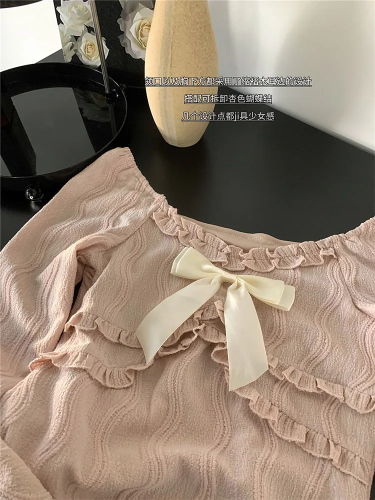 Imagem -04 - Vestido Rosa em Linha a com Laço Manga Comprida Decote em o Elegante Vestido de Baile Coreano Moda Japonesa Kawaii França