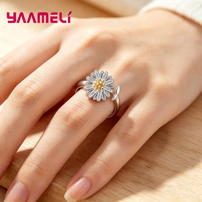Fashion 925 Sterling Silver Daisy Flower Rings for Women Adjustable Size Fashion Wedding Engagement Party Jewelry Anillos Mujer