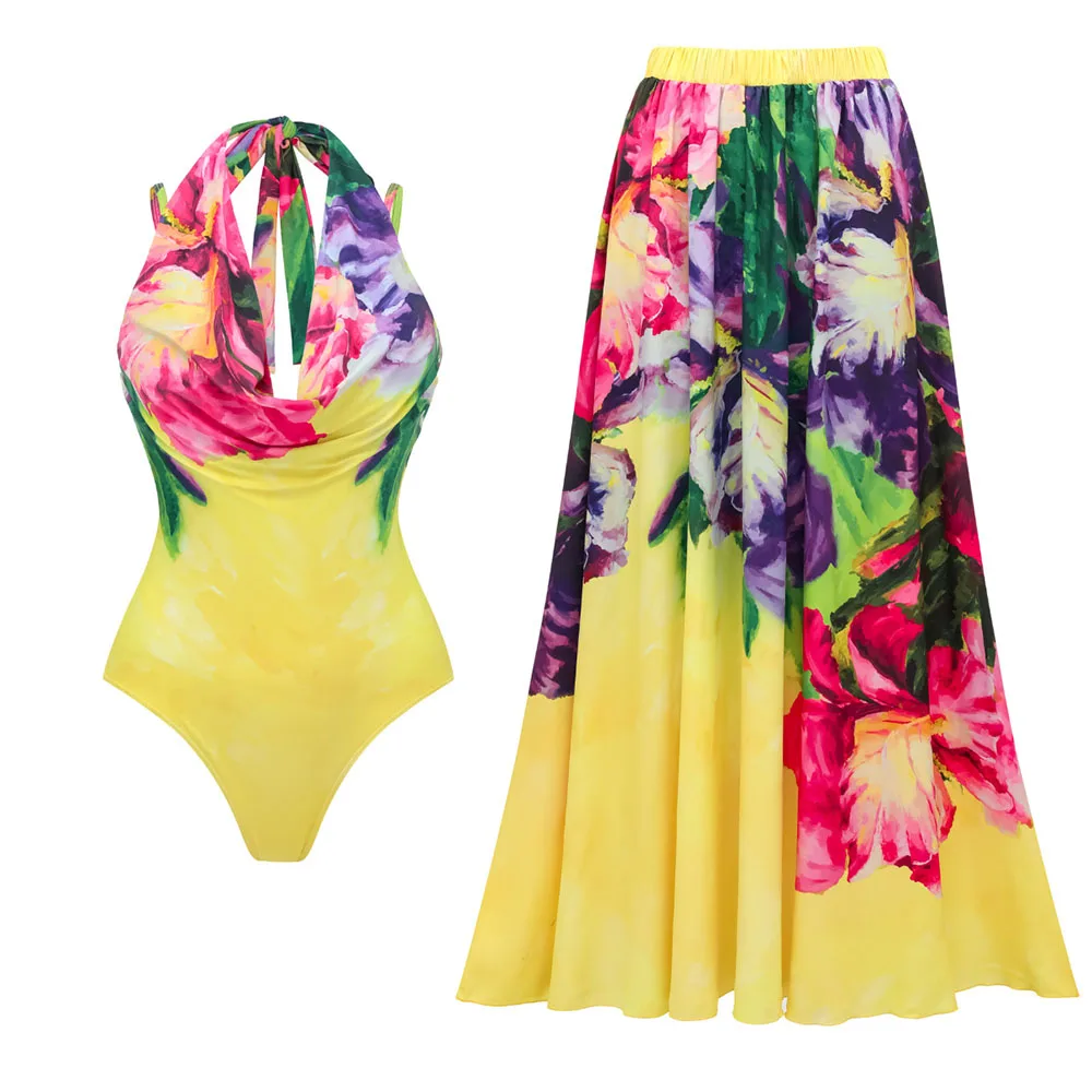 Traje de Baño Nuevo 2026 de Diseño de Alta Gama, 2 Piezas, Estampado Floral, con Volantes, Efecto Adelgazante, Sexy, para Vacaciones, Traje de Baño de Una Pieza para Mujer