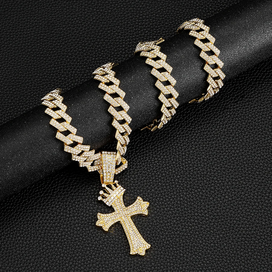 Iced Out Big Cuban Chain With Hip Hop Alloy And Full Bling Rhinestone Crown Cross Pendant Choker Necklace