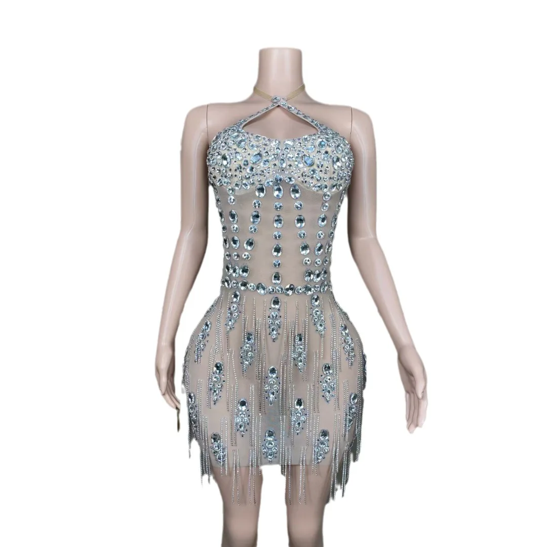 

2025 Rhinestone Diamond Chain Sexy Neck Halter Miniskirt - Stage Party Performance Dress Vestidos De Mujer Elegantes Para Fiesta
