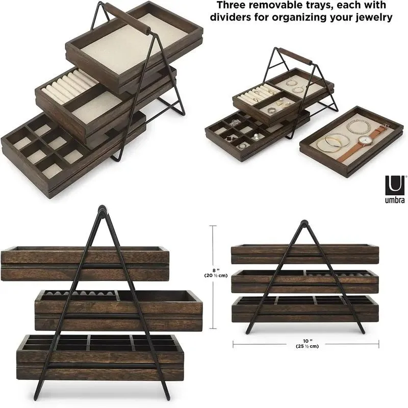 Three Layer Solid Wood Jewelry Display Stand Multi Tier Wooden Organizer for Earrings Necklaces High End Storage Box