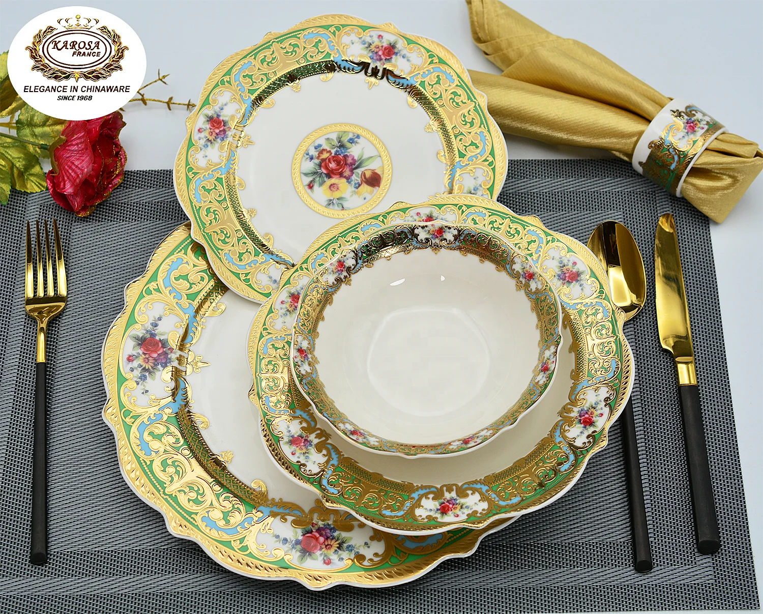 98 pcs embossed gold tableware bone china luxury dinner sets royal dinnerware sets