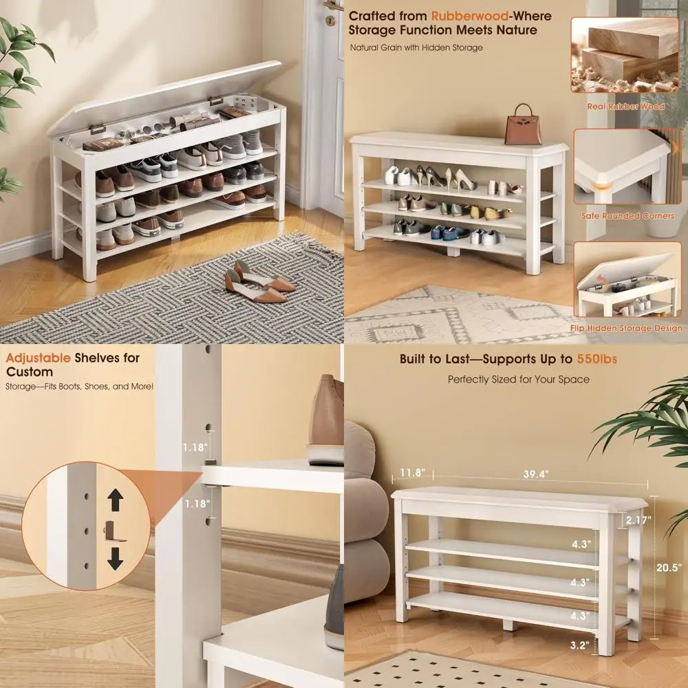 مقعد رف أحذية خشبي حديث من 3 طبقات من منتصف القرن مع بناء من الخشب المطاطي، يدعم ما يصل إلى 550 رطل، مثالي للمدخل المدمج