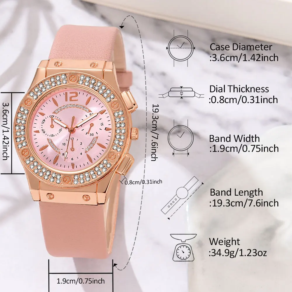 6 PCS New Luxury Love Rhinestone Jewelry Ladies Ring Necklace Earrings Bracelet Set Simple Digital Leather Strap Quartz Watch