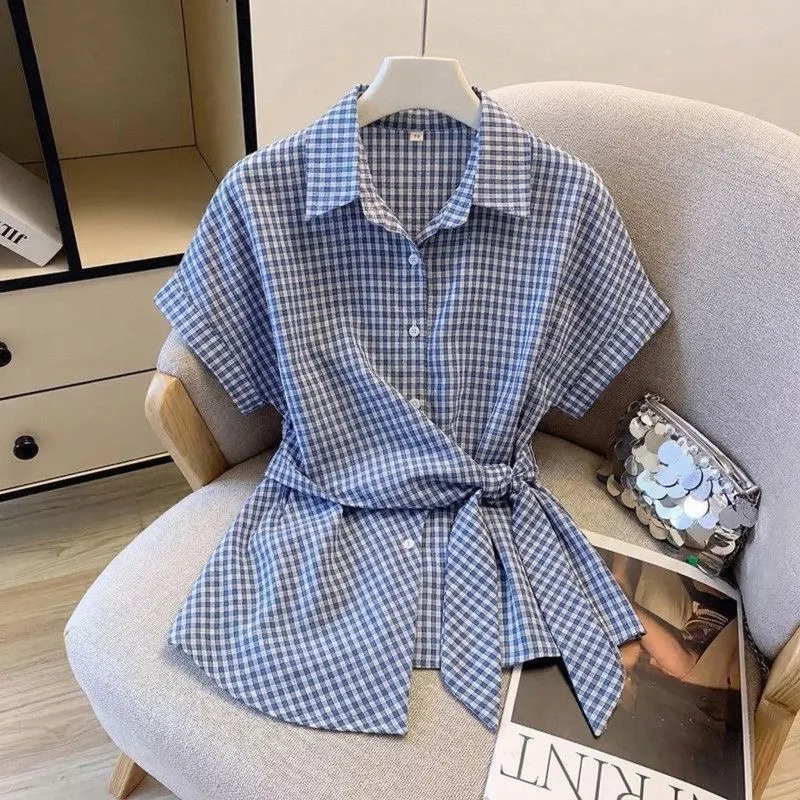 

Blue Plaid Short Sleeve Shirt Women's Korean Style Summer plus Size Tie Waist Uneven Top Breathable Polyester Comfortable Fit