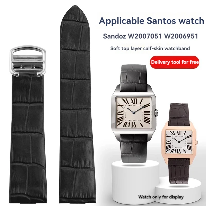 

For Car-tier Santos Series W2007051 W2006951 Men Women Built in steel head particles Cowhide Leather Strap Watchband 18mm 21mm