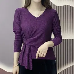 Office Lady Solid Color Bright Silk T-shirt Elegant Folds Asymmetrical 2023 Spring Autumn Stylish V-Neck Korean Slim Pullovers