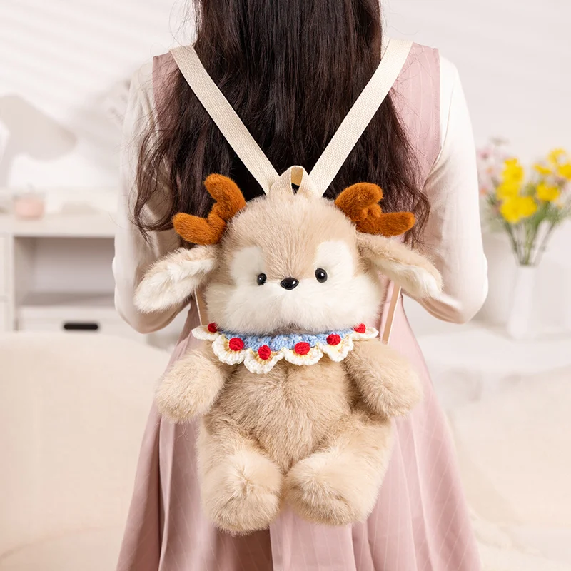 40cm 턱받이 브라운 엘크 배낭 봉제 동물 더블 어깨 가방 만화 동물 인형 봉제 인형 소프트 지갑 생일 선물