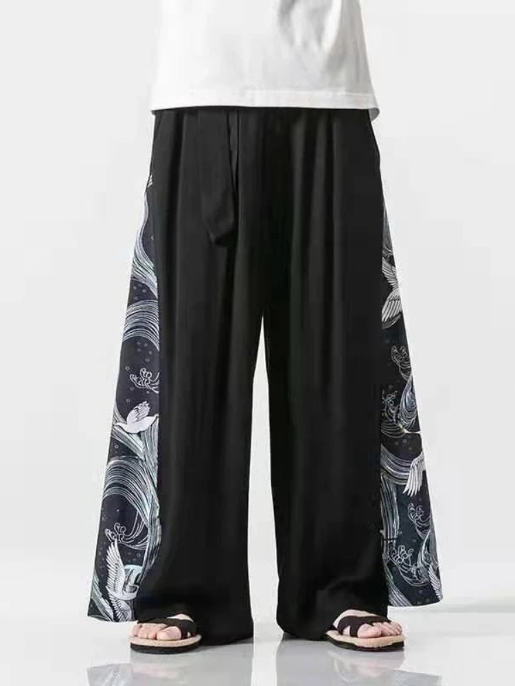 Sommerliche chinesische Eisseide Weite Hosen für Herren mit Taillengürtel, plissiert, lässig, Strand, Oversize, Harajuku Streetwear, Neu, Baumwolle Leinen – Detail 3