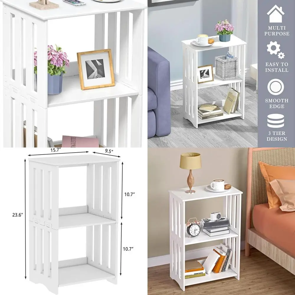 

Белый трехъярусный тонкий приставной столик с местом для хранения вещей, компактная тумбочка с книжной полкой для спальни, гостиной, офиса, ванной комнаты