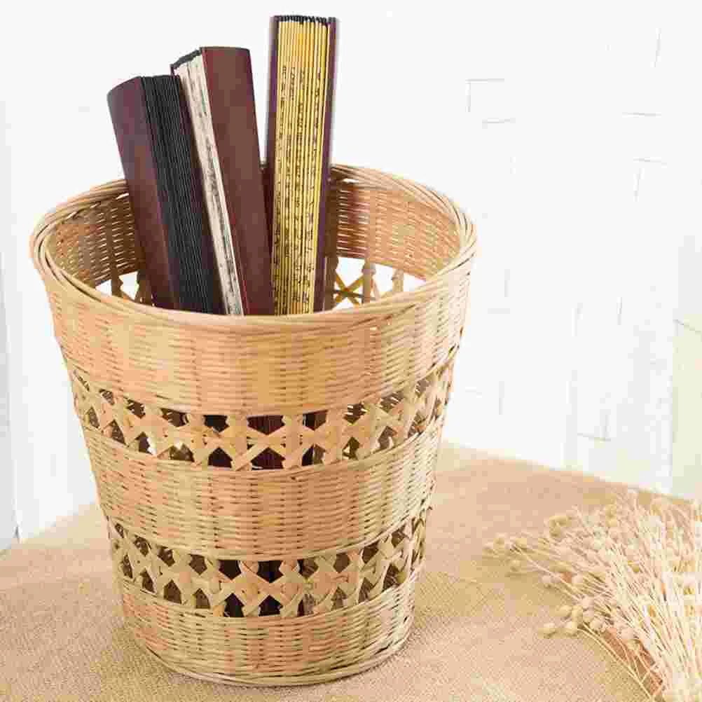 

Bamboo Trash Can Storage Basket Small Bins Wastebasket Hand-woven Rubbish Wood Weaving Weave Container Office with Lid