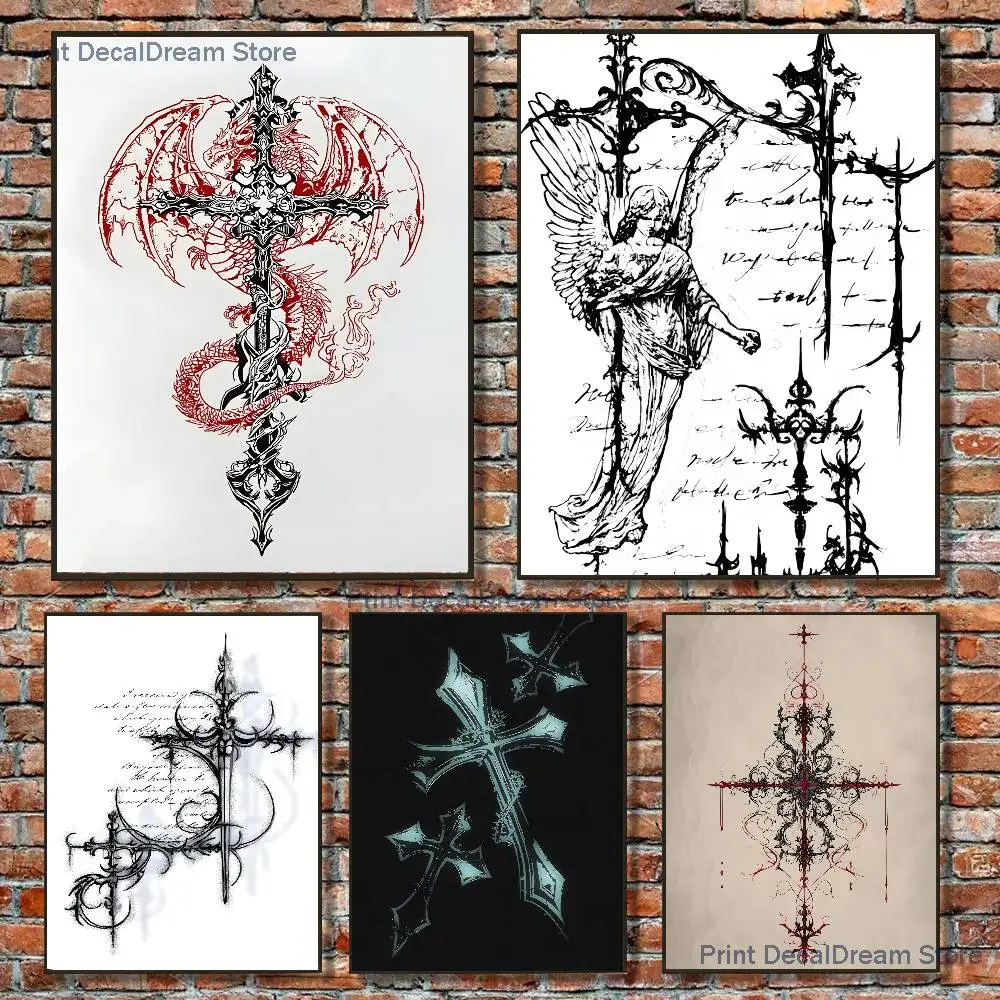 Gothic Cyber Sigil Cross Eyes Skull Poster Home Gym Football Basketball Print Wall Stickers Paintings for Home Living Room Decor