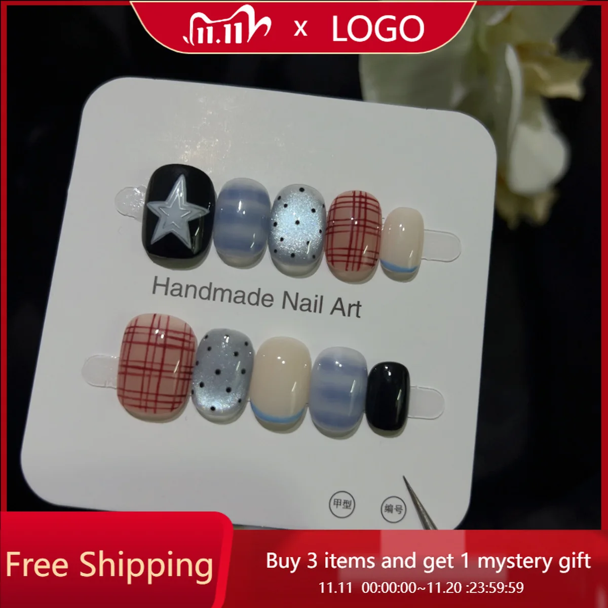 

10 шт. короткие ногти ручной работы в стиле Instagram, минималистичные модные ручная роспись, звезда, клетчатые накладные типсы, идеально подходящие для девочек