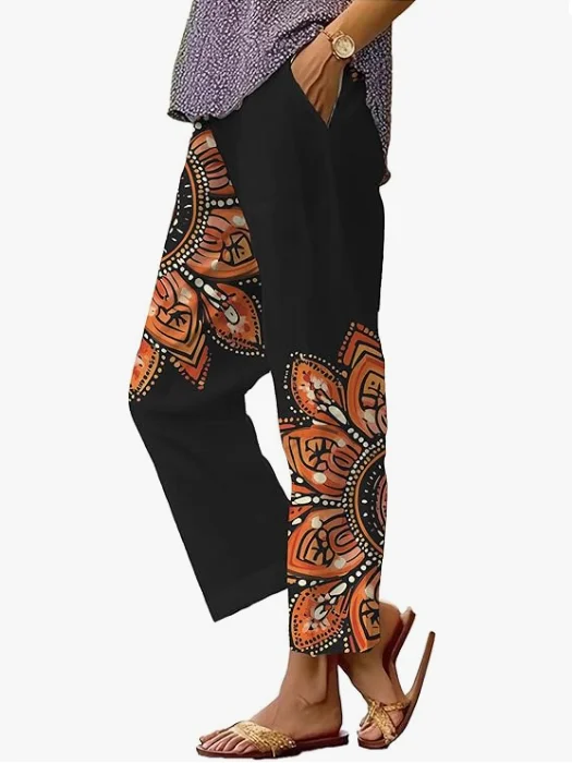 

Summer Linen Pants for Women Wide Leg Boho Pants Loose Palazzo Pants Floral Pants with Drawstring and Pockets