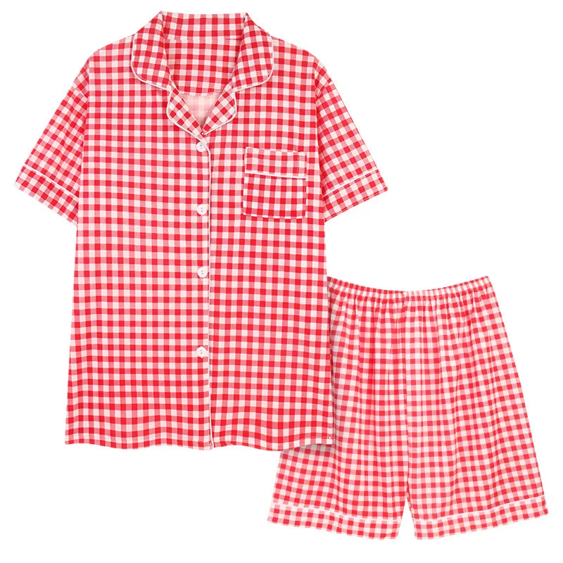 Women's Summer Milk Silk Pajamas Short Sleeve Shorts Ladies Lapel Cardigan Checkered Shirt Home Suit Comfortable Loungewear