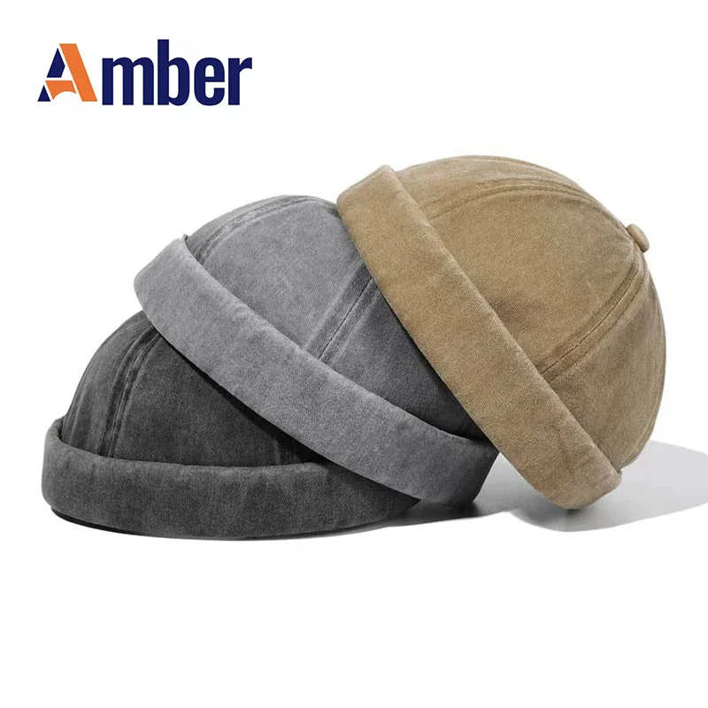 

Amber Washed Docker Beanie Brimless Cap Hat Without Visor Solid Color Retro Vintage Street Style Spring Autumn Outdoor Gorras