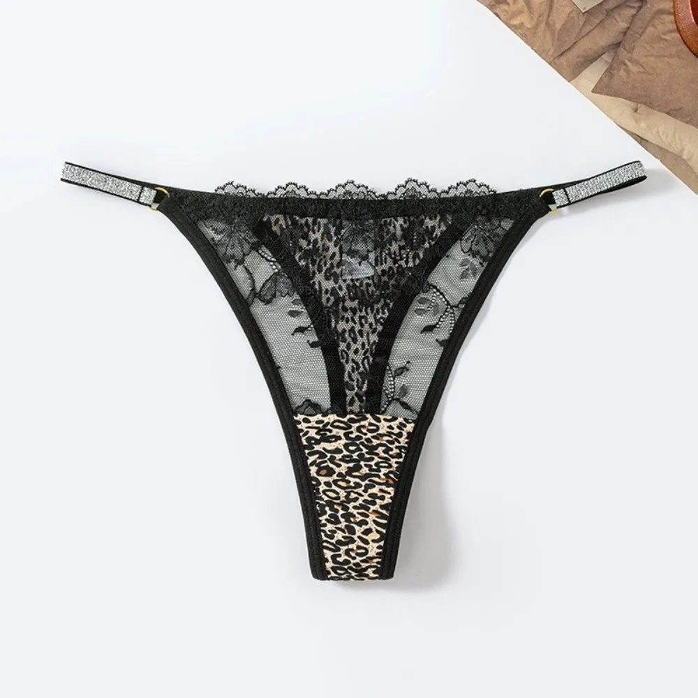 Comfortable T-back Ladies' Underwear Transparent Lingerie Leopard Print Thong Crystal Belt Mesh Lace Briefs Girl
