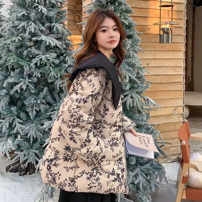Jaqueta floral com gola Peter Pan para mulheres, novo estilo de inverno, comprimento médio, cintura definida, casaco fino na moda