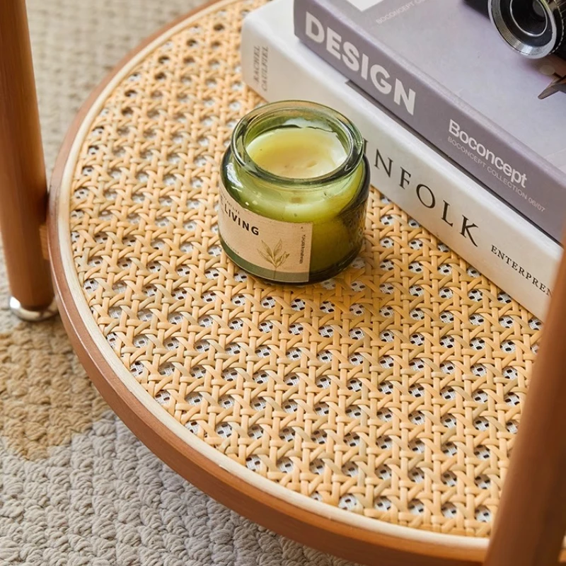 ‌Rattan Side Table Living Room Double Layer Coffee Table Bedside Organizer End Table Portable Accent Desk for Balcony Cafe