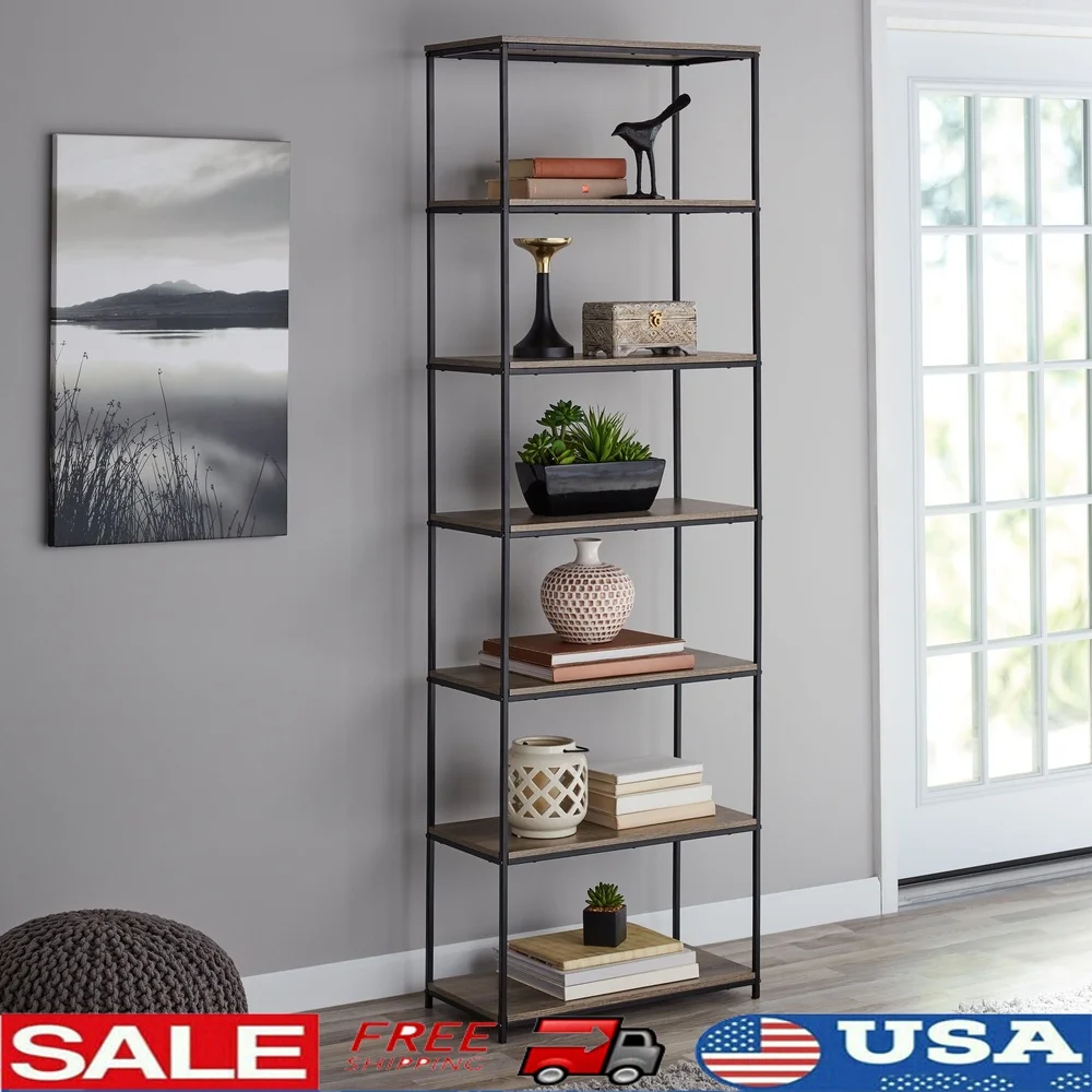 

Rustic Brown 6-Shelf Metal Frame Bookcase Open Design Living Room Office Entryway Industrial Storage Display Furniture